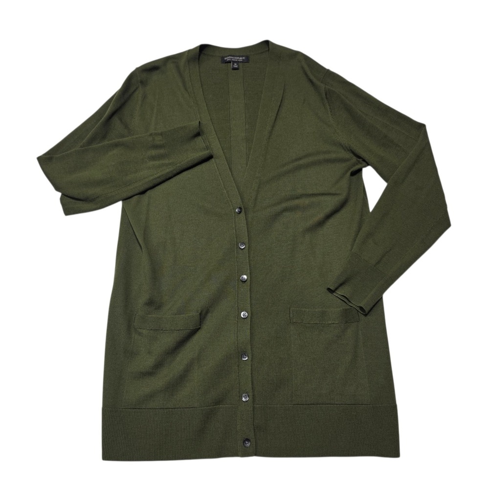 Banana Republic Cardigan Women M Green Merino Wool Long Sleeve V-Neck Pockets